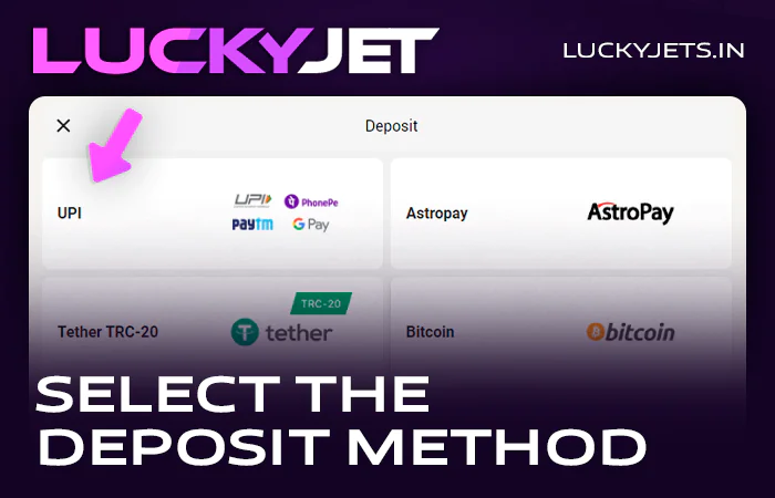 Choose your casino deposit method for Lucky Jet